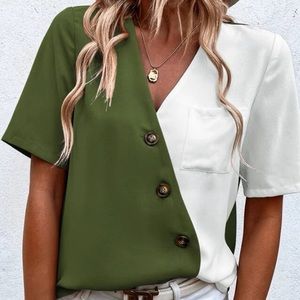 TWO TONE PATCHED POCKET BLOUSE